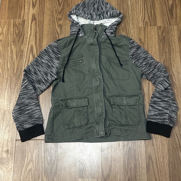 Mudd Womens Utility Jacket Olive Green Hoodie Knit Sleeve Cargo Pockets XL‎ - Picture 4 of 5